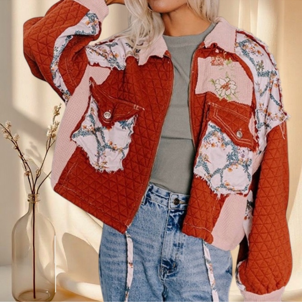 POL Quilted Patchwork Jacket Burgundy Floral Boho Cottagecore Zip Jacket